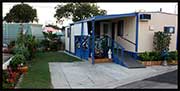 blue and white mobile home